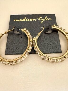 Madison Tyler Gold Tone Beaded Hoop Earrings Faux Pearl Crystal Statement NWT